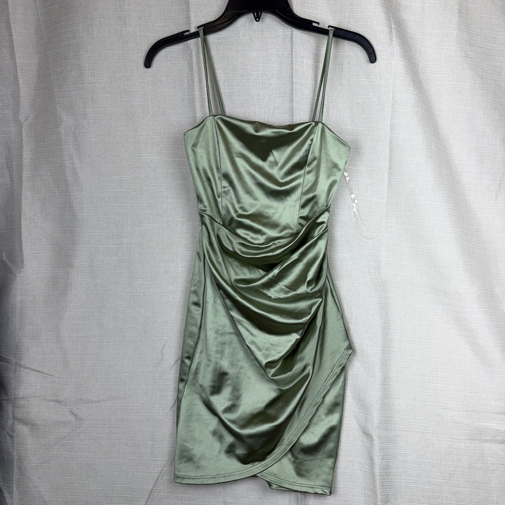 y2k Windsor Dress Womens Small Green Satin Ruched Sweetheart Bodycon Mini Party